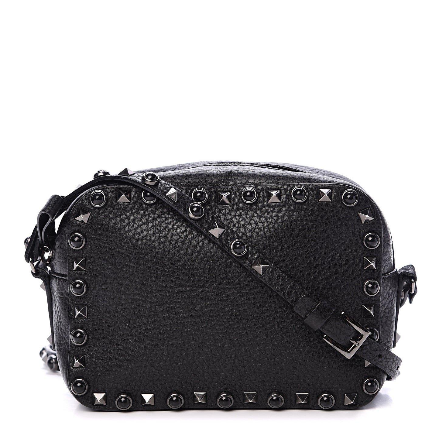 Grained Calfskin Onyx Rockstud Rolling Camera Crossbody Bag Black