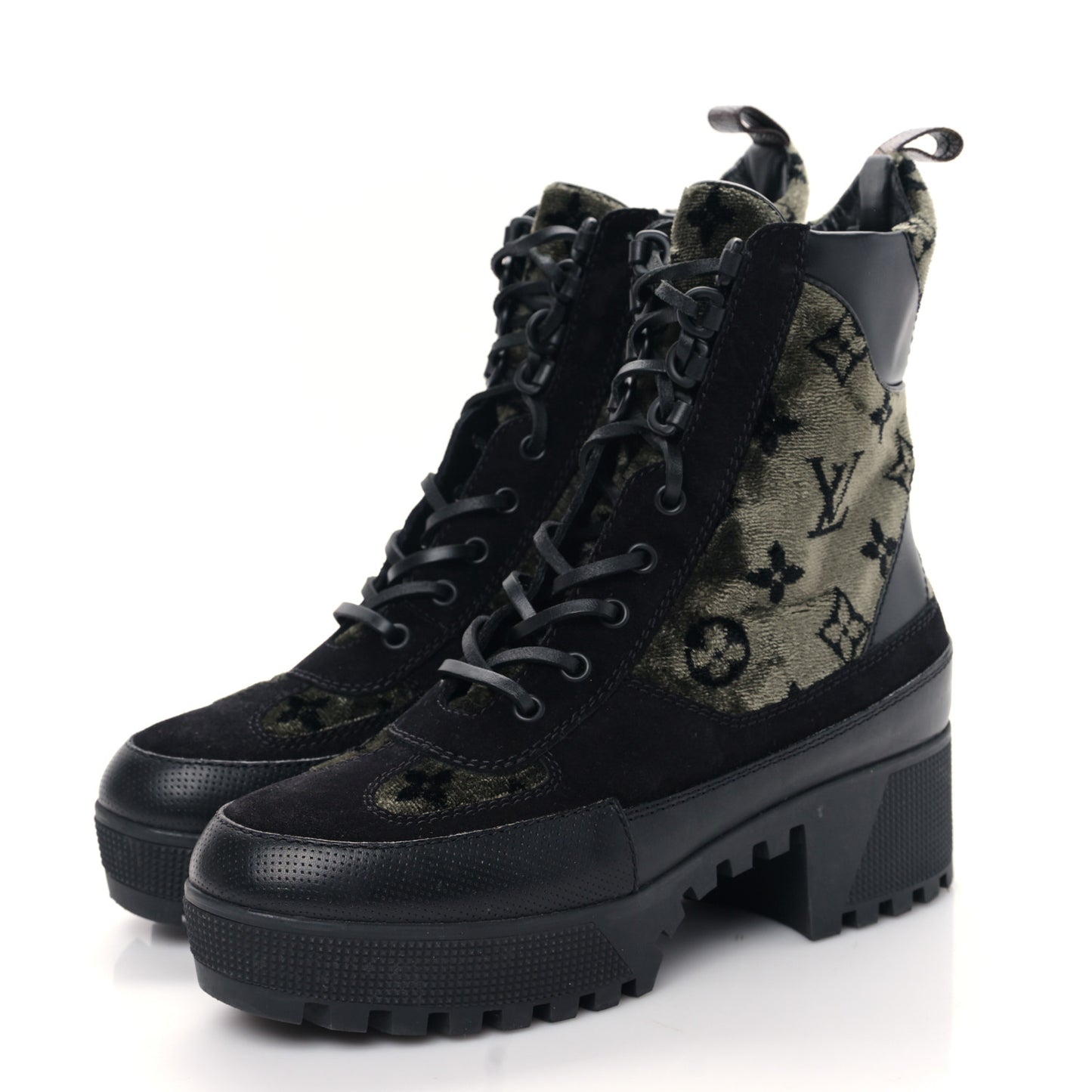 Velvet Calfskin Monogram Laureate Platform Desert Boots 39 Black Green