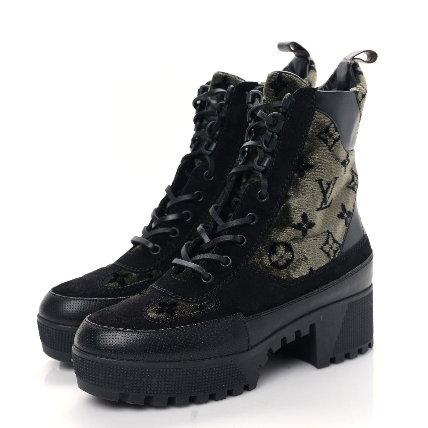 Louis Vuitton Velvet Calfskin Monogram Laureate Platform Desert Boots 39 Black Green 3 of 7