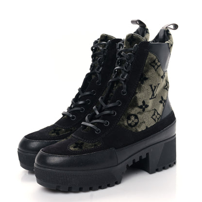 Louis Vuitton Velvet Calfskin Monogram Laureate Platform Desert Boots 39 Black Green 3 of 7