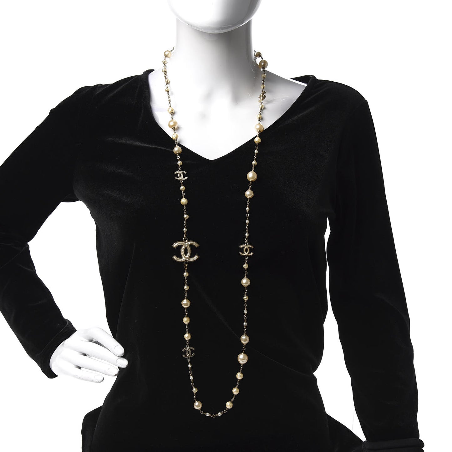 Textured Enamel Beaded Pearl CC Long Necklace Gold