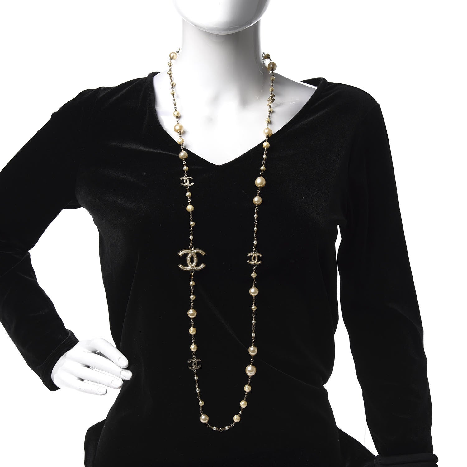 Chanel Textured Enamel Beaded Pearl CC Long Necklace Gold 2 of 4