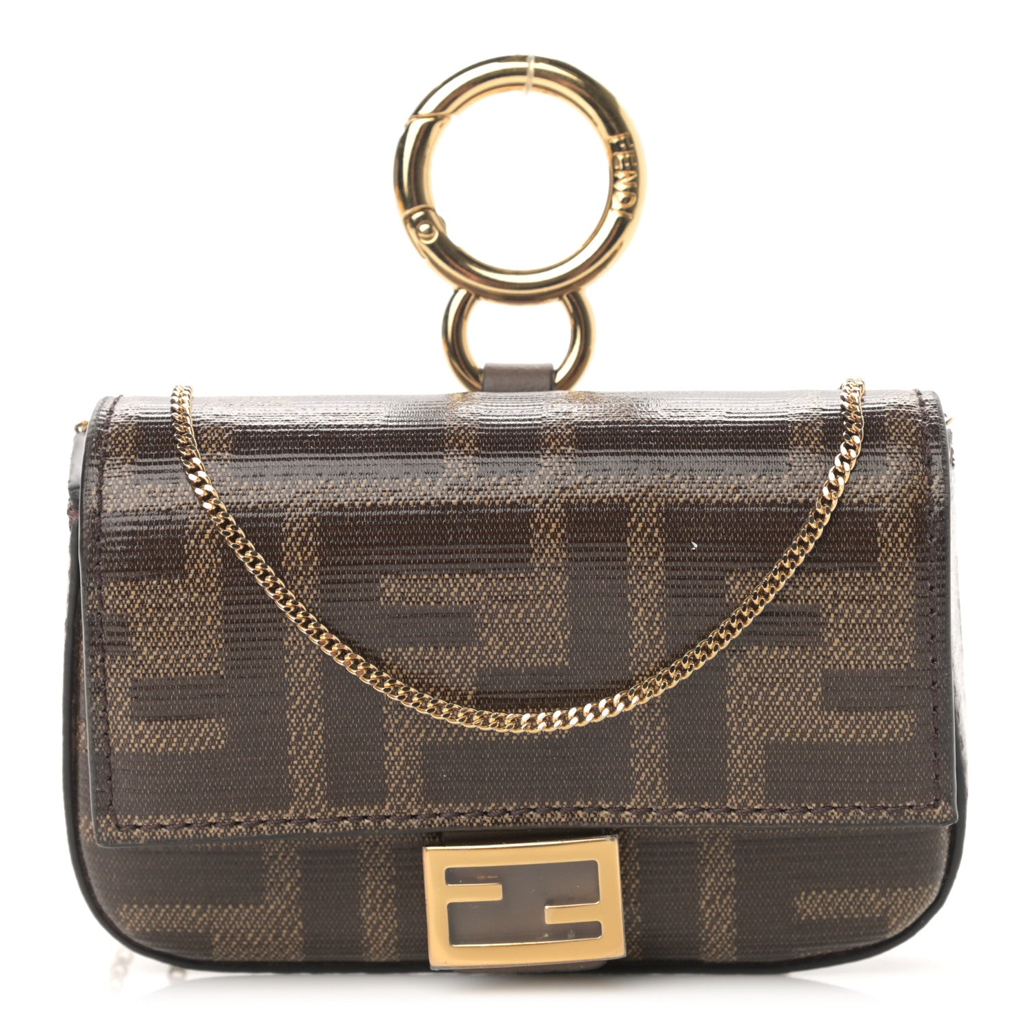 Fendi Glazed Fabric FF 1974 Nano Baguette Charm Mogano Panna 1 of 12