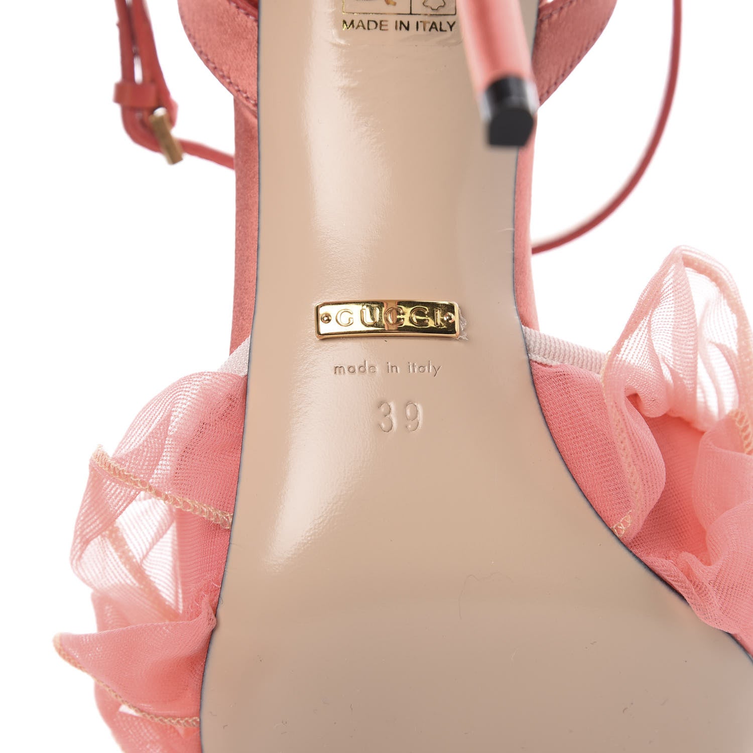 Gucci Tulle Ruffle High Heel Slingback Sandals 39 Peach White 7 of 7