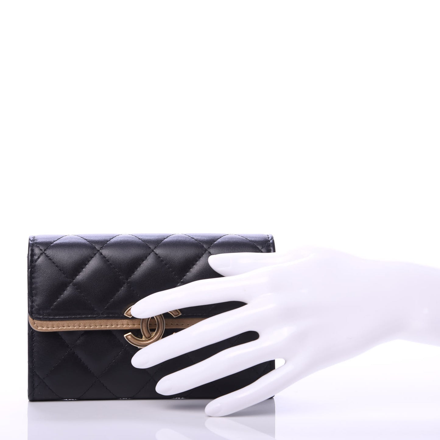 Lambskin Quilted Medium CC Chic Flap Wallet Black Gold