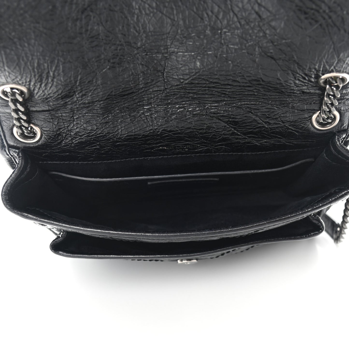 Crinkled Calfskin Matelasse Monogram Baby Niki Chain Satchel Black