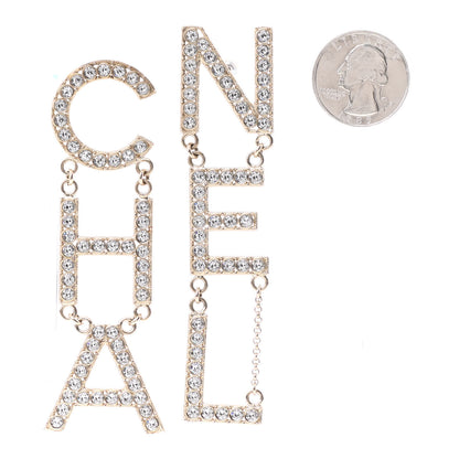 Chanel Crystal Cha-Nel Logo Drop Earrings Gold 2 of 5