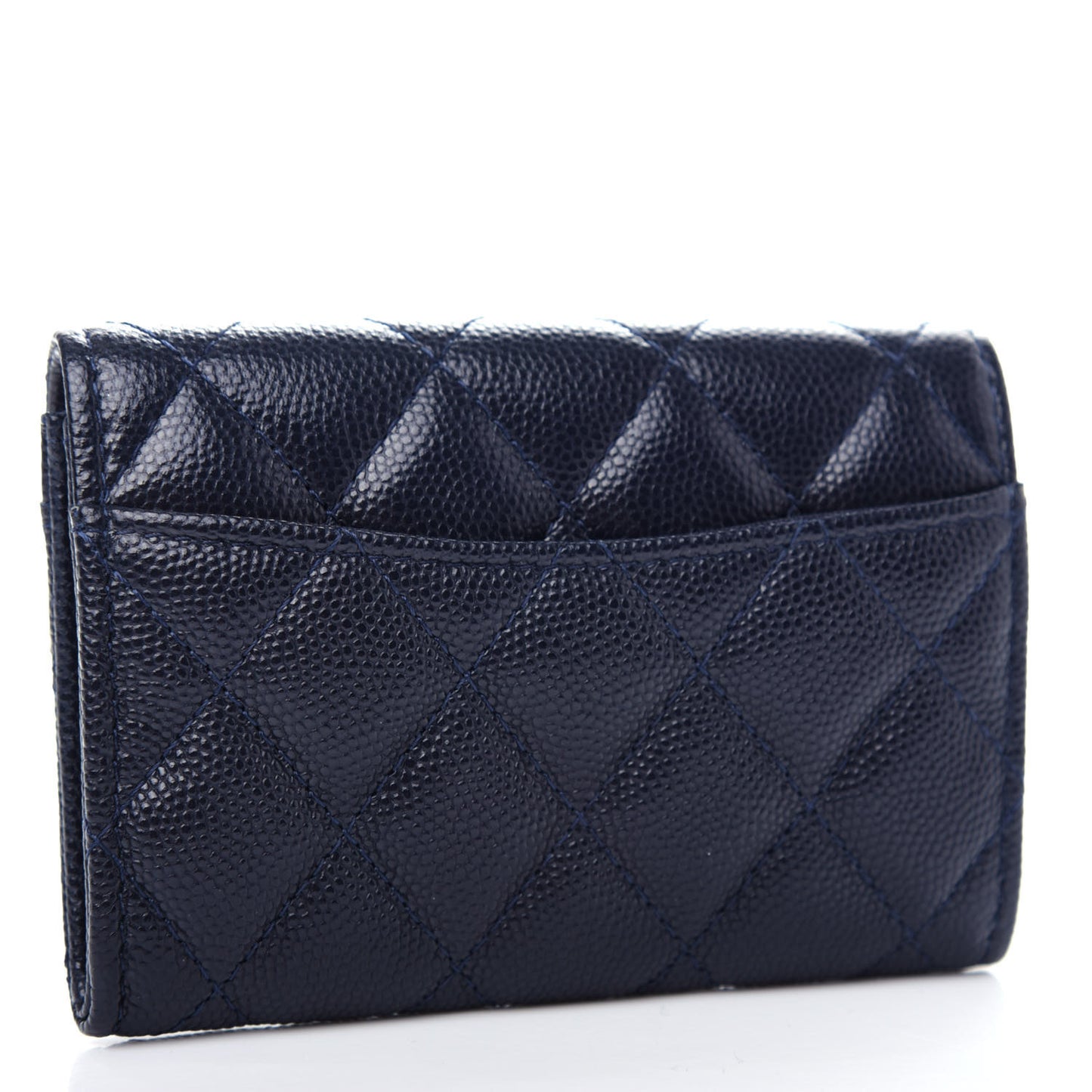 Caviar Quilted Flap Card Holder Wallet Navy Blue