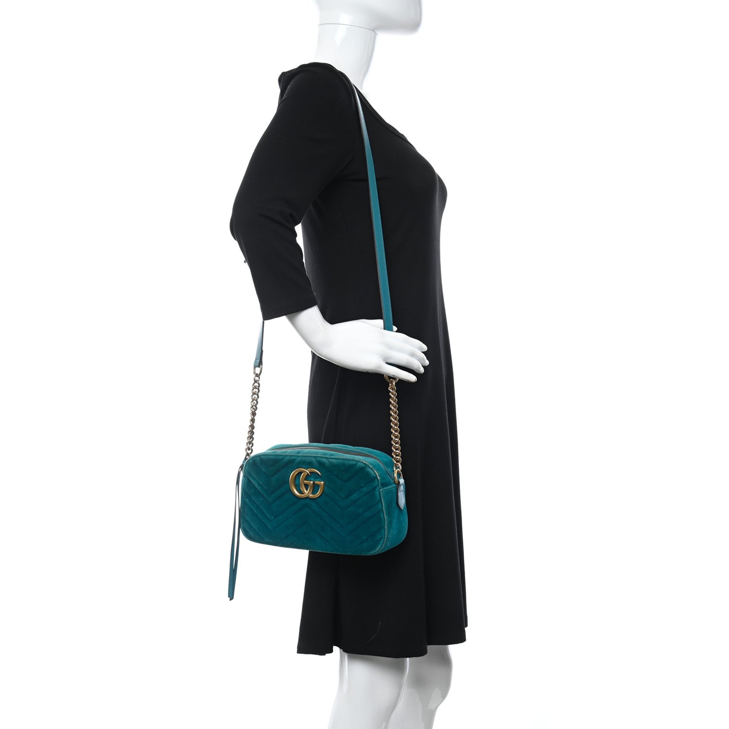 Velvet Matelasse Small GG Marmont Chain Shoulder Bag Pavone Cyan