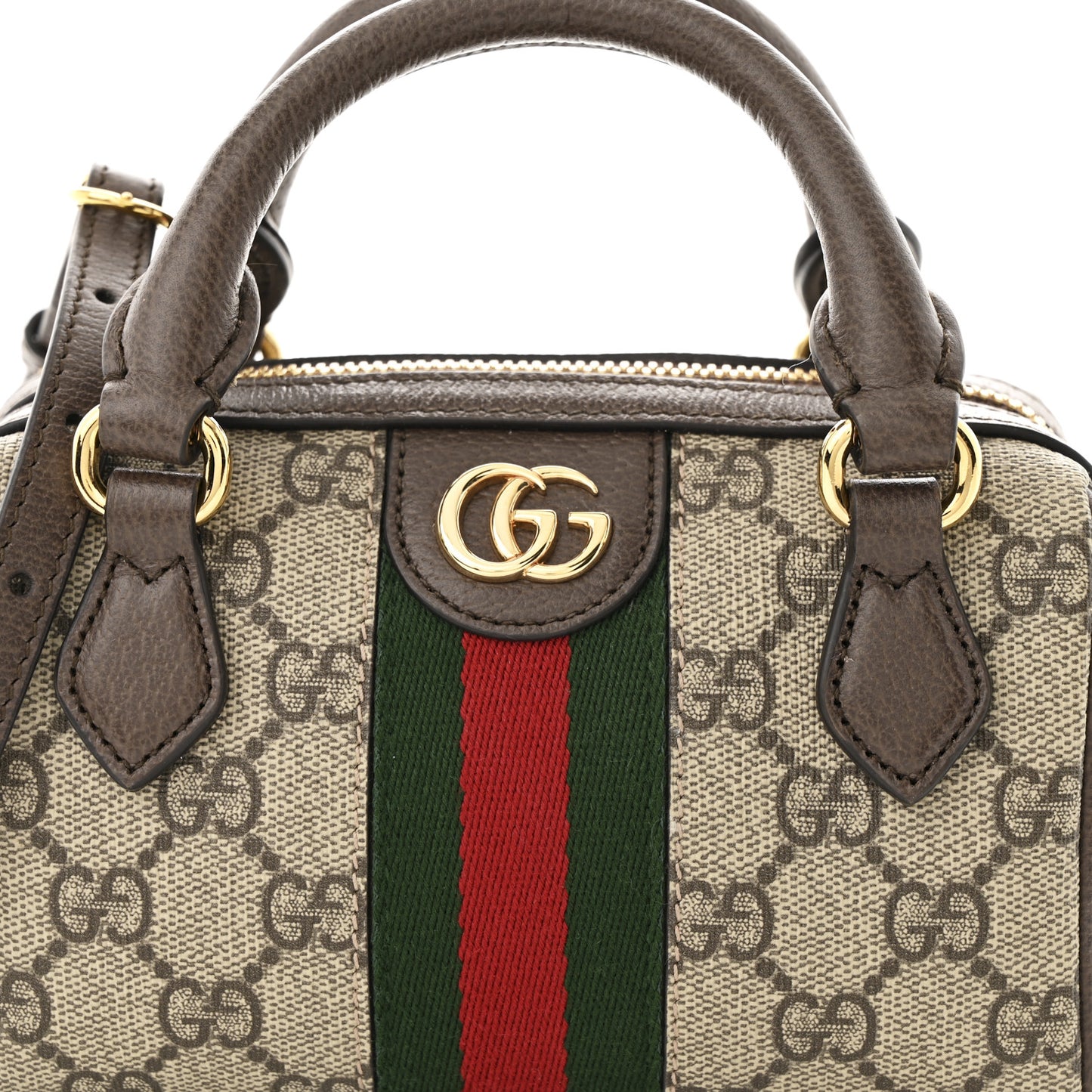 GG Supreme Monogram Textured Dollar Calfskin Web Super Mini Ophidia Top Handle Bowler Bag Beige Ebony New Acero