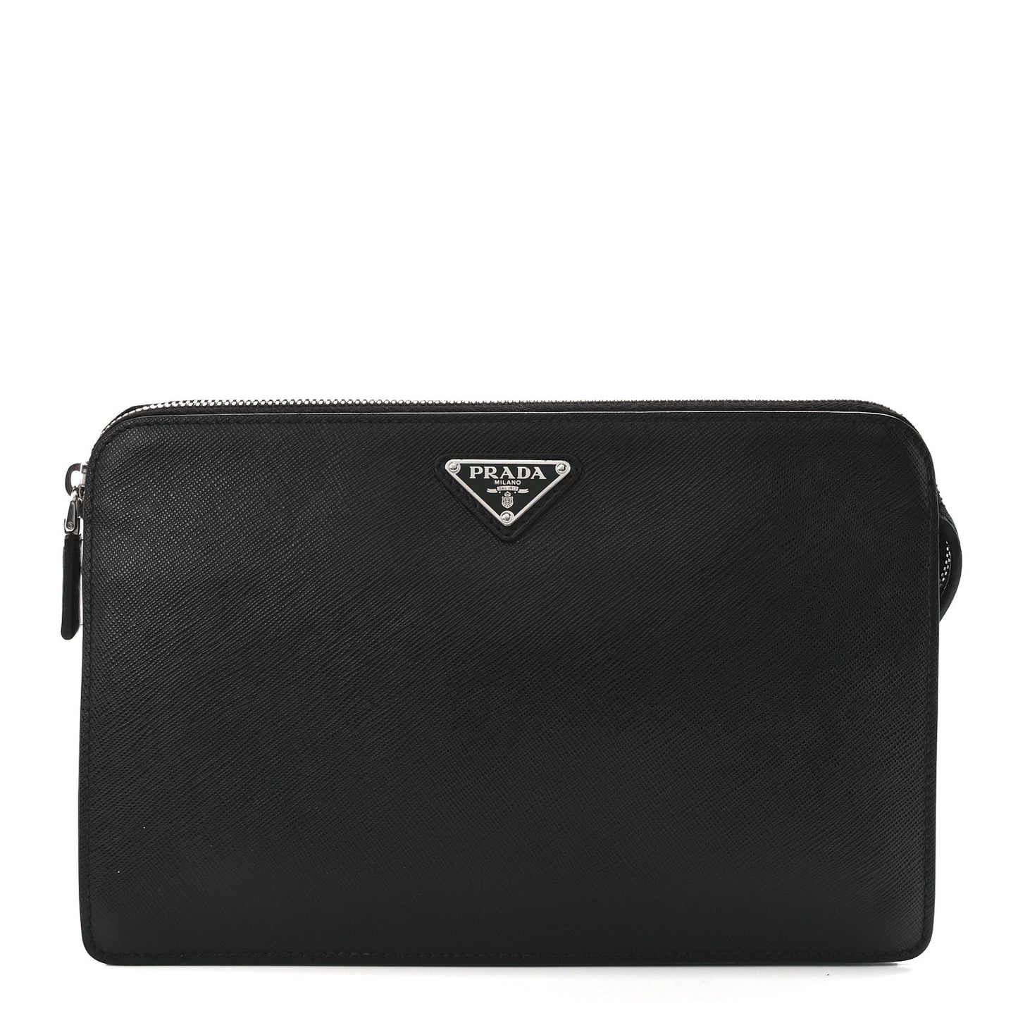 Saffiano Travel Metal Triangle Logo Slip Handle Wristlet Pouch Black