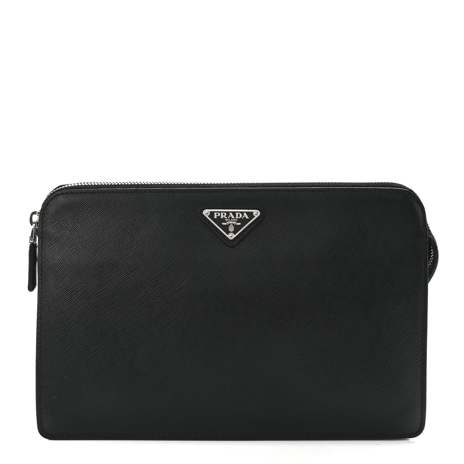 Prada Saffiano Travel Metal Triangle Logo Slip Handle Wristlet Pouch Black 1 of 12