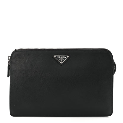 Prada Saffiano Travel Metal Triangle Logo Slip Handle Wristlet Pouch Black 1 of 12