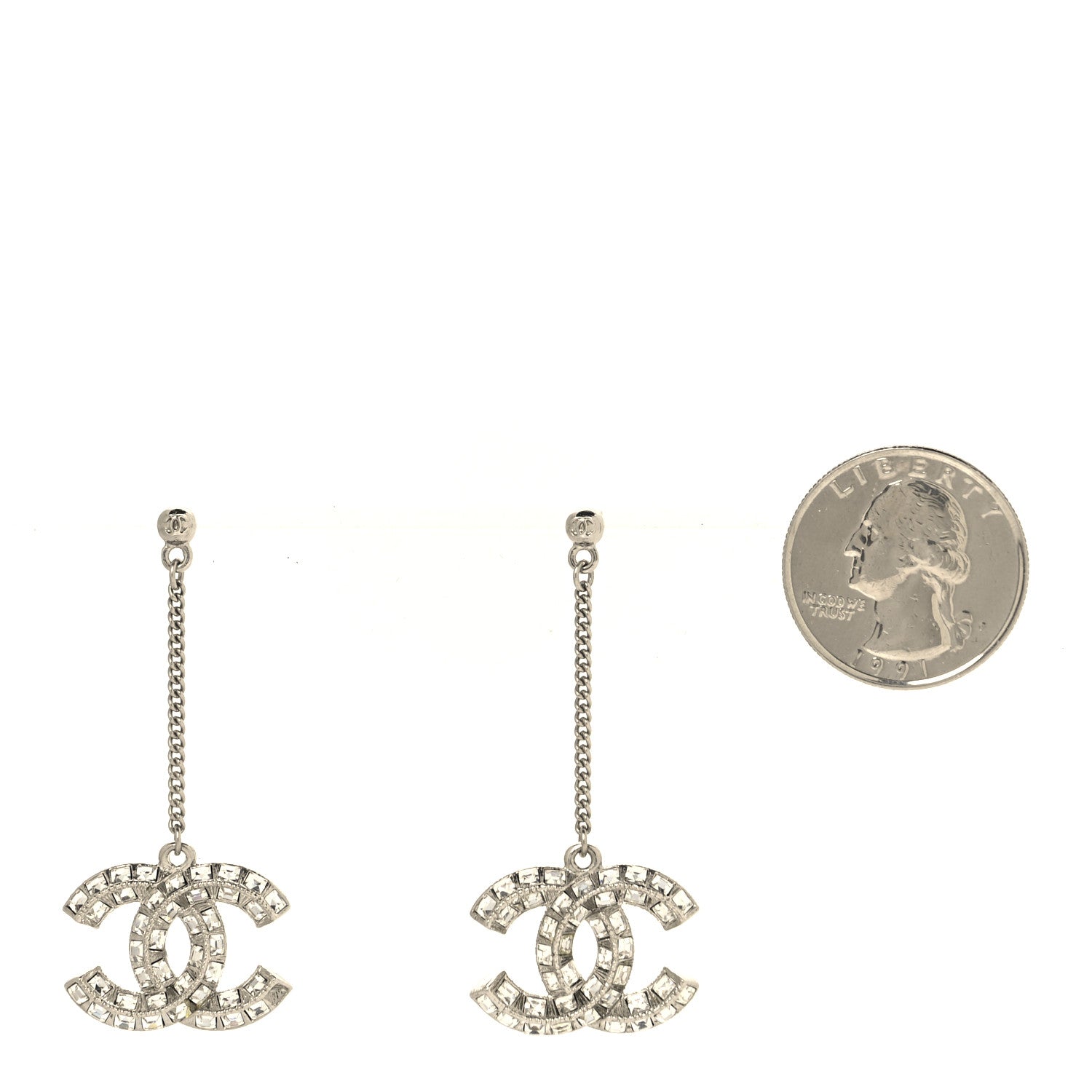 Chanel Baguette Crystal CC Drop Earrings Silver 2 of 5