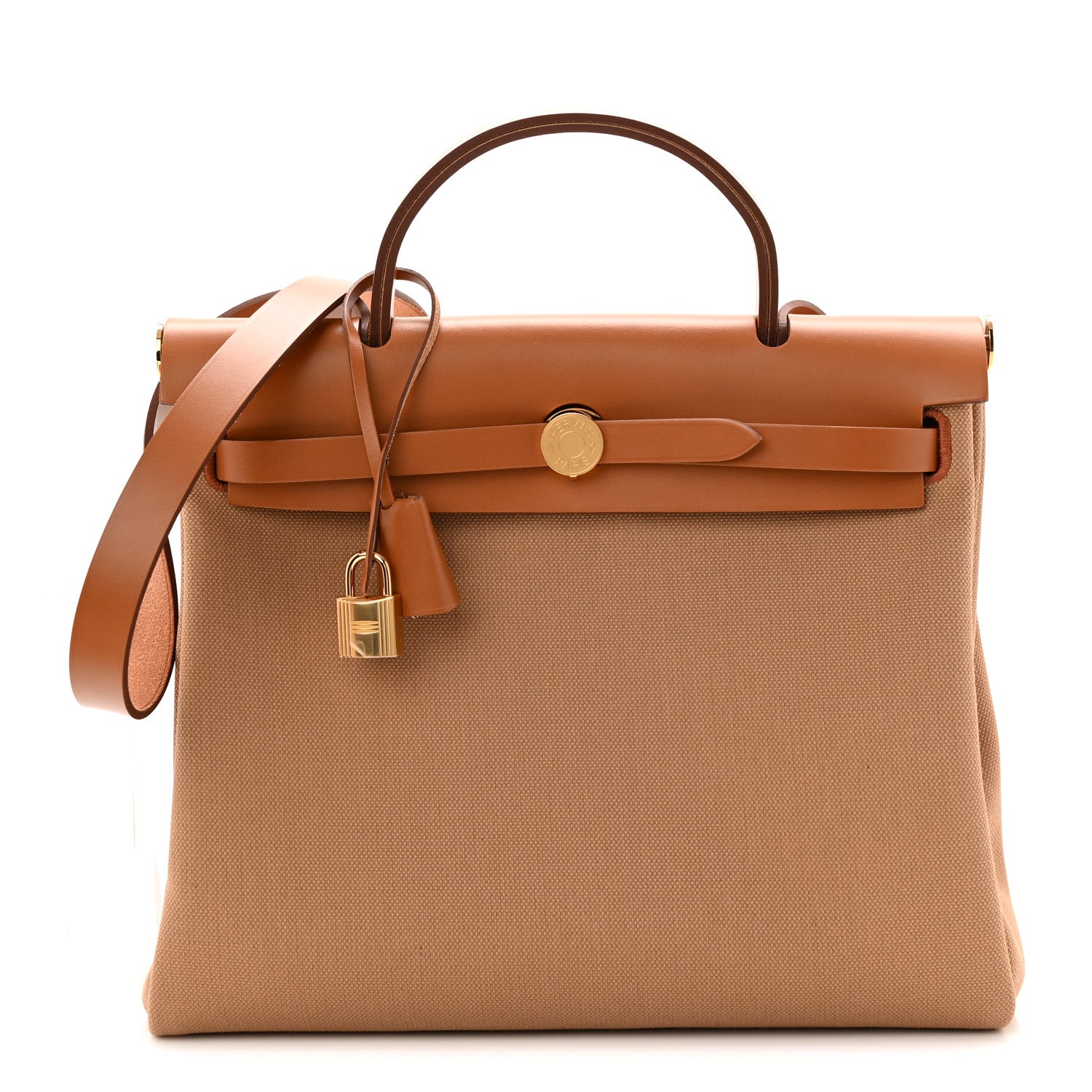 Hermes Military Toile Vache Hunter Herbag Zip Retourne 31 PM Chai Fauve 1 of 12