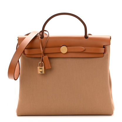 Hermes Military Toile Vache Hunter Herbag Zip Retourne 31 PM Chai Fauve 1 of 12