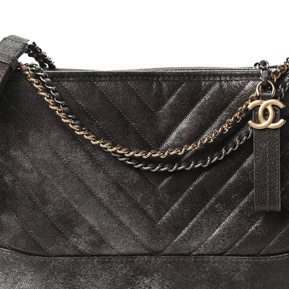 Chanel Metallic Caviar Chevron Quilted Medium Gabrielle Hobo Dark Silver Gold 8 of 11