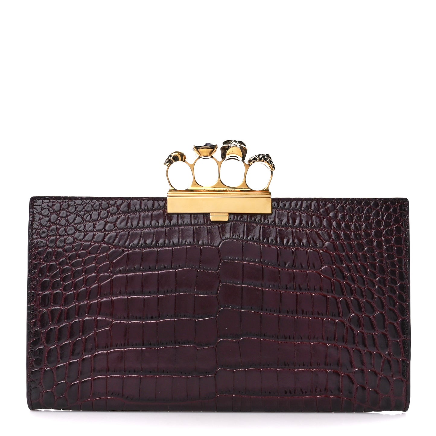 Calfskin Crocodile Embossed Knuckle Flat Clutch Burgundy