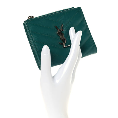 Saint Laurent Grain De Poudre Matelasse Chevron Monogram Zipped Card Case Malachite Green 2 of 6