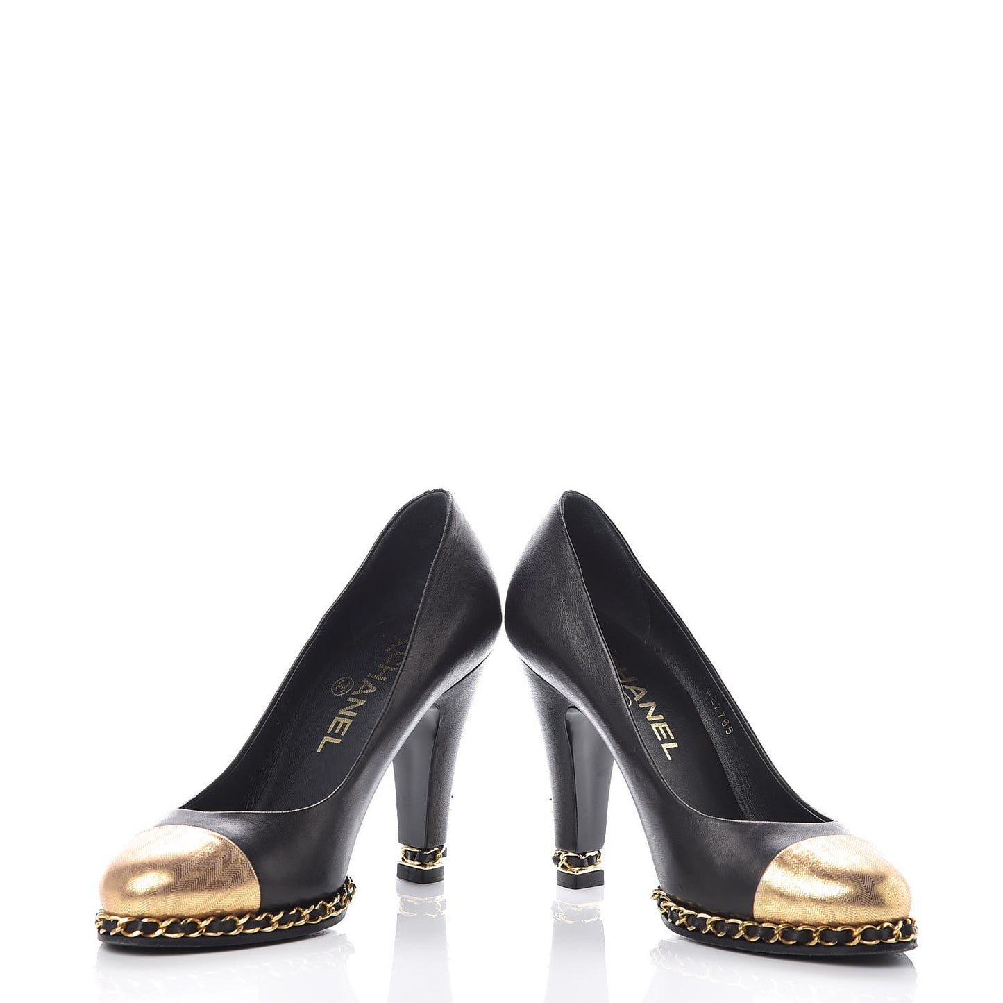 Lambskin Chain Around Cap Toe Pumps 36.5 Black Gold