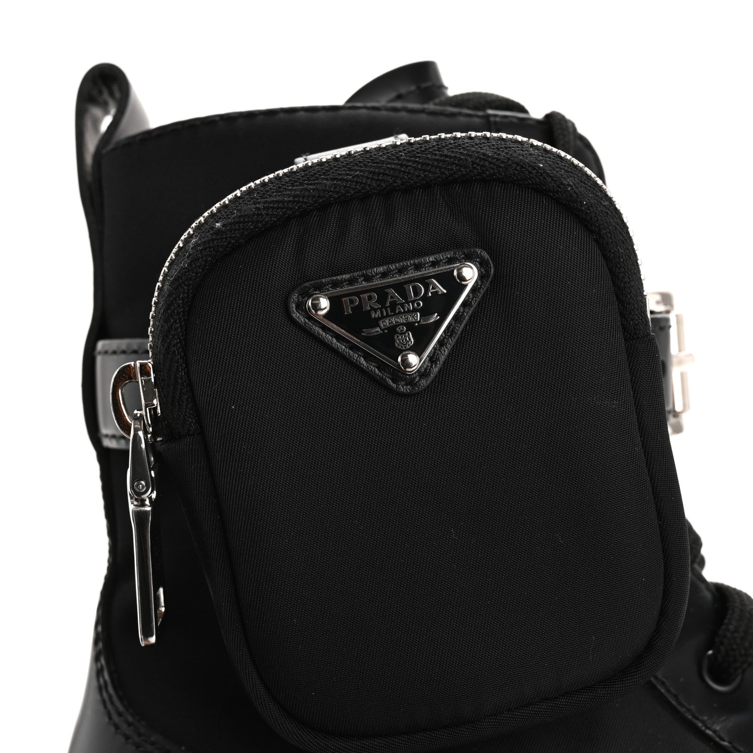 Prada Spazzolato Rois Re-Nylon Metal Triangle Logo Monolith Pouch Pocket 55mm Boots 37 Black 14 of 16