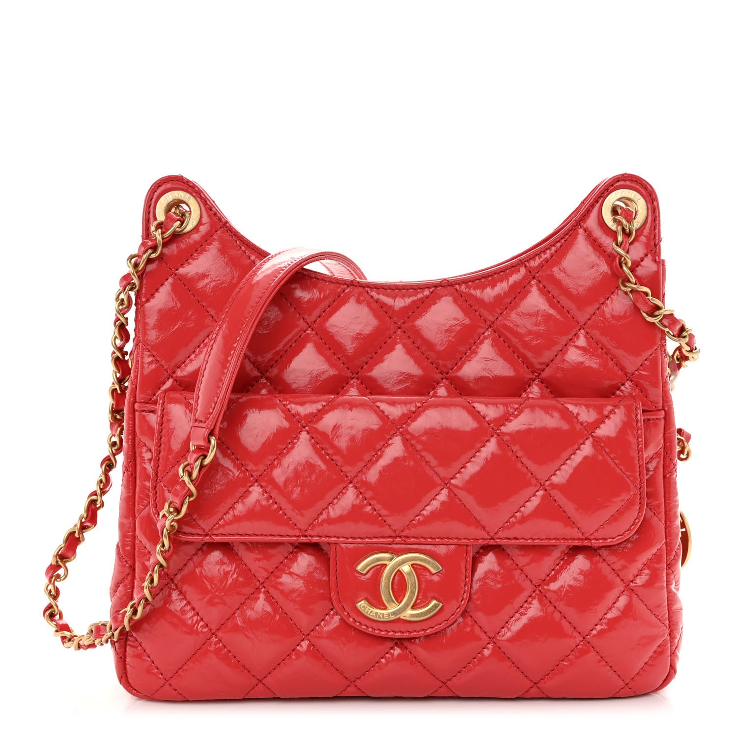 Chanel Shiny Crumpled Calfskin Quilted Wavy CC Hobo Red 1 of 9