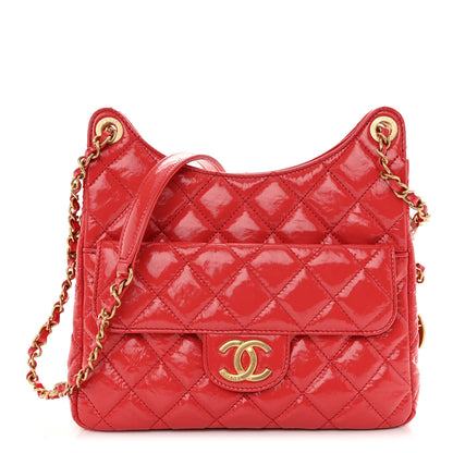 Chanel Shiny Crumpled Calfskin Quilted Wavy CC Hobo Red 1 of 9