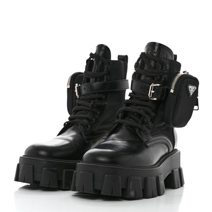 Prada Spazzolato Rois Nylon Metal Triangle Logo Monolith Pouch Pocket 55mm Boots 37 Black 3 of 8