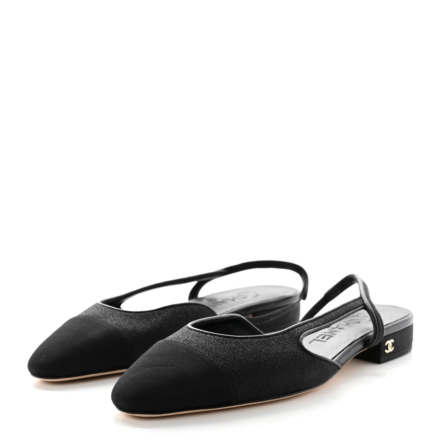 Chanel Glitter Calfskin Grosgrain CC Slingback Flats 37 Black 3 of 10