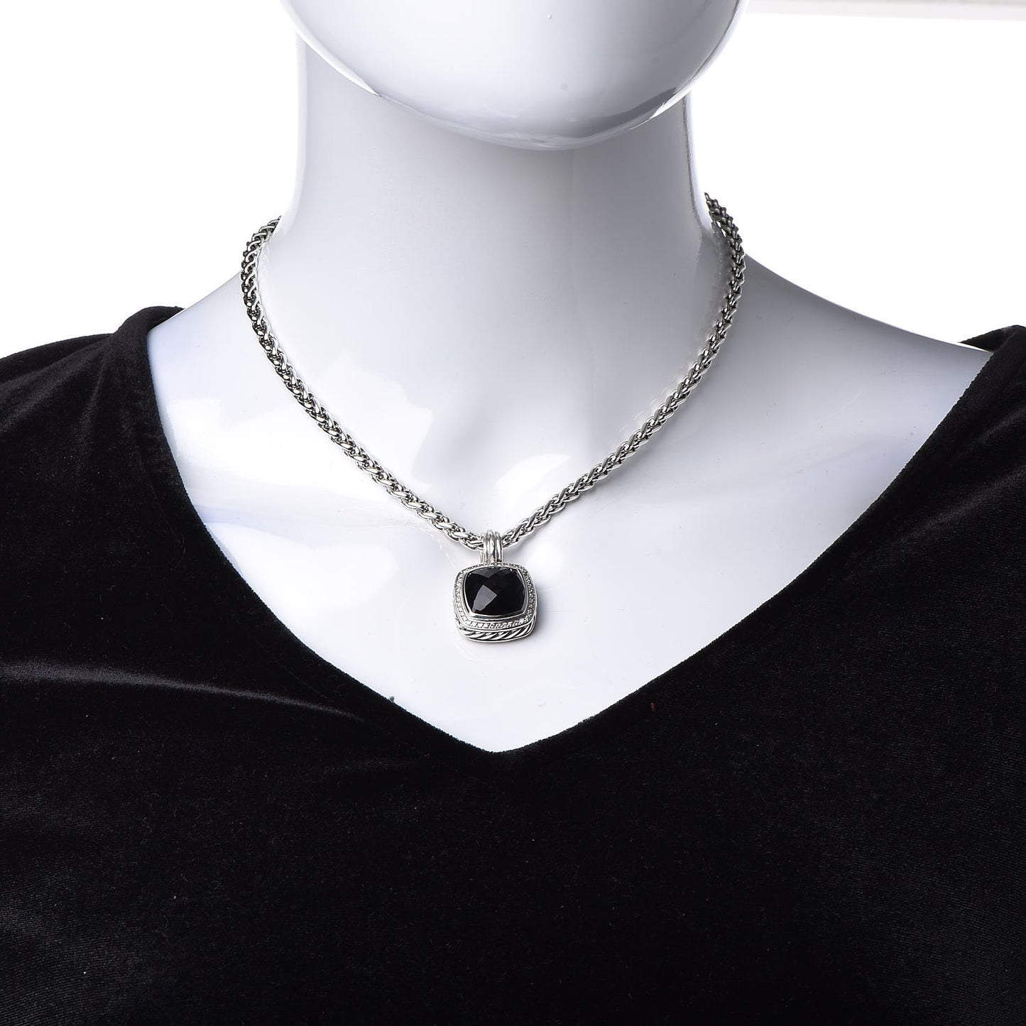 Sterling Silver Diamond Black Onyx 14mm Albion Enhancer Pendant Wheat Chain Necklace