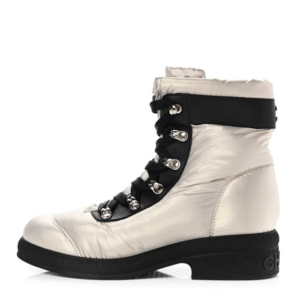 Chanel Nylon Calfskin Womens Coco Neige Short Boots 36.5 Beige Black 1 of 9