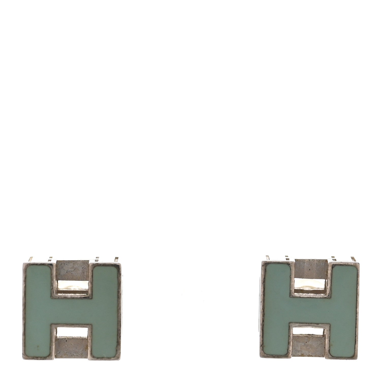 Hermes Palladium Lacquered Cage d'H Earrings Bleu Atoll 1 of 5