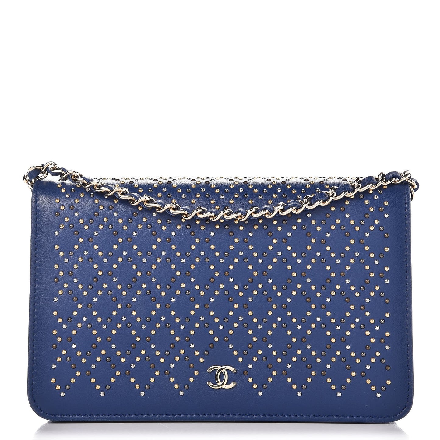 Lambskin Studded Wallet On Chain WOC Blue