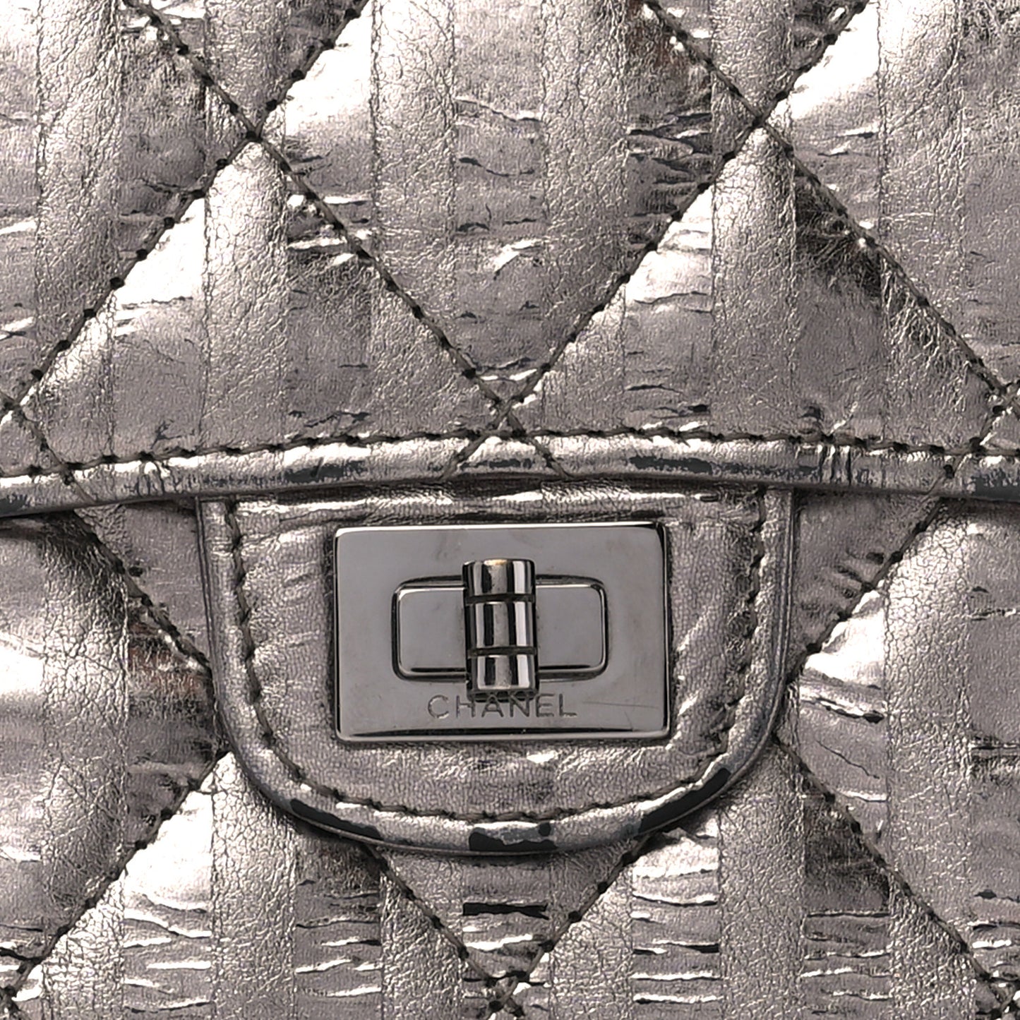 Metallic Calfskin Striped Quilted Reissue Flap Wallet Dark Silver