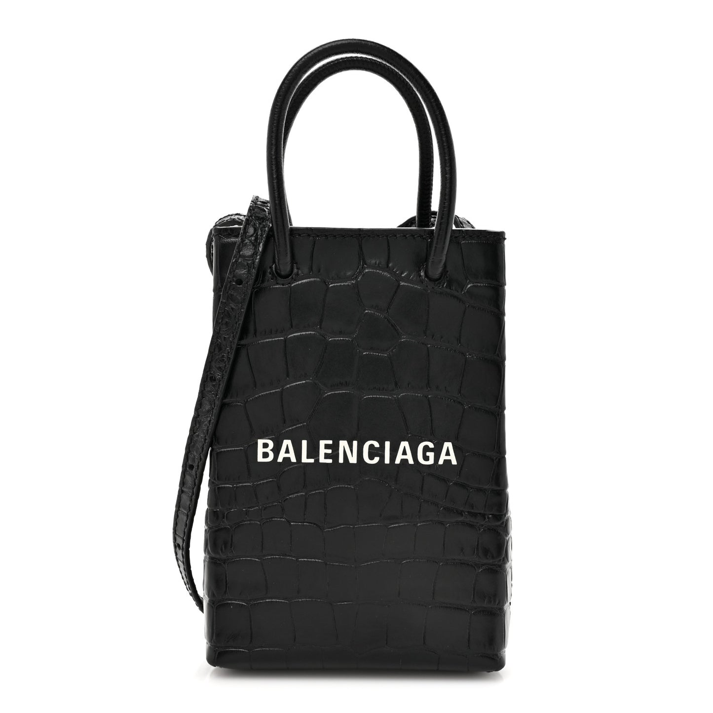 Calfskin Crocodile Embossed Logo Shopping Phone Holder Bag Black