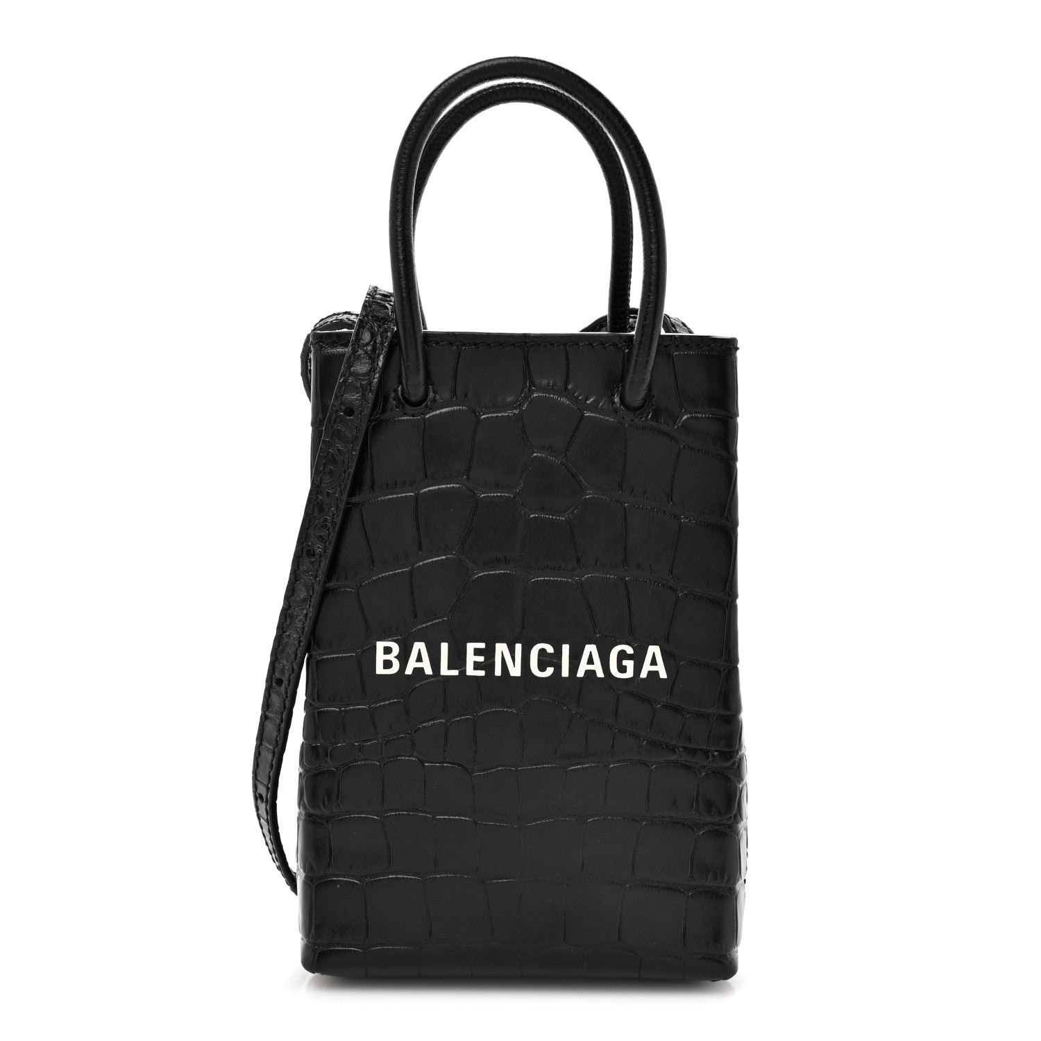 Balenciaga Calfskin Crocodile Embossed Logo Shopping Phone Holder Bag Black 1 of 10