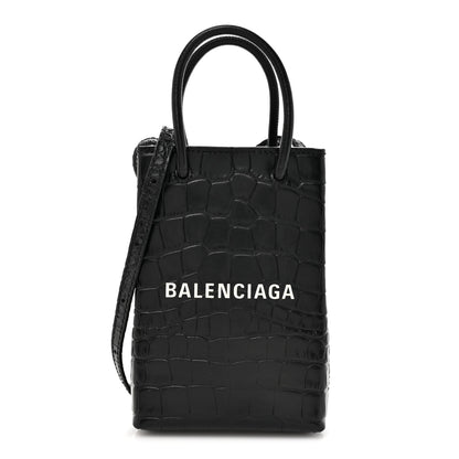 Balenciaga Calfskin Crocodile Embossed Logo Shopping Phone Holder Bag Black 1 of 10