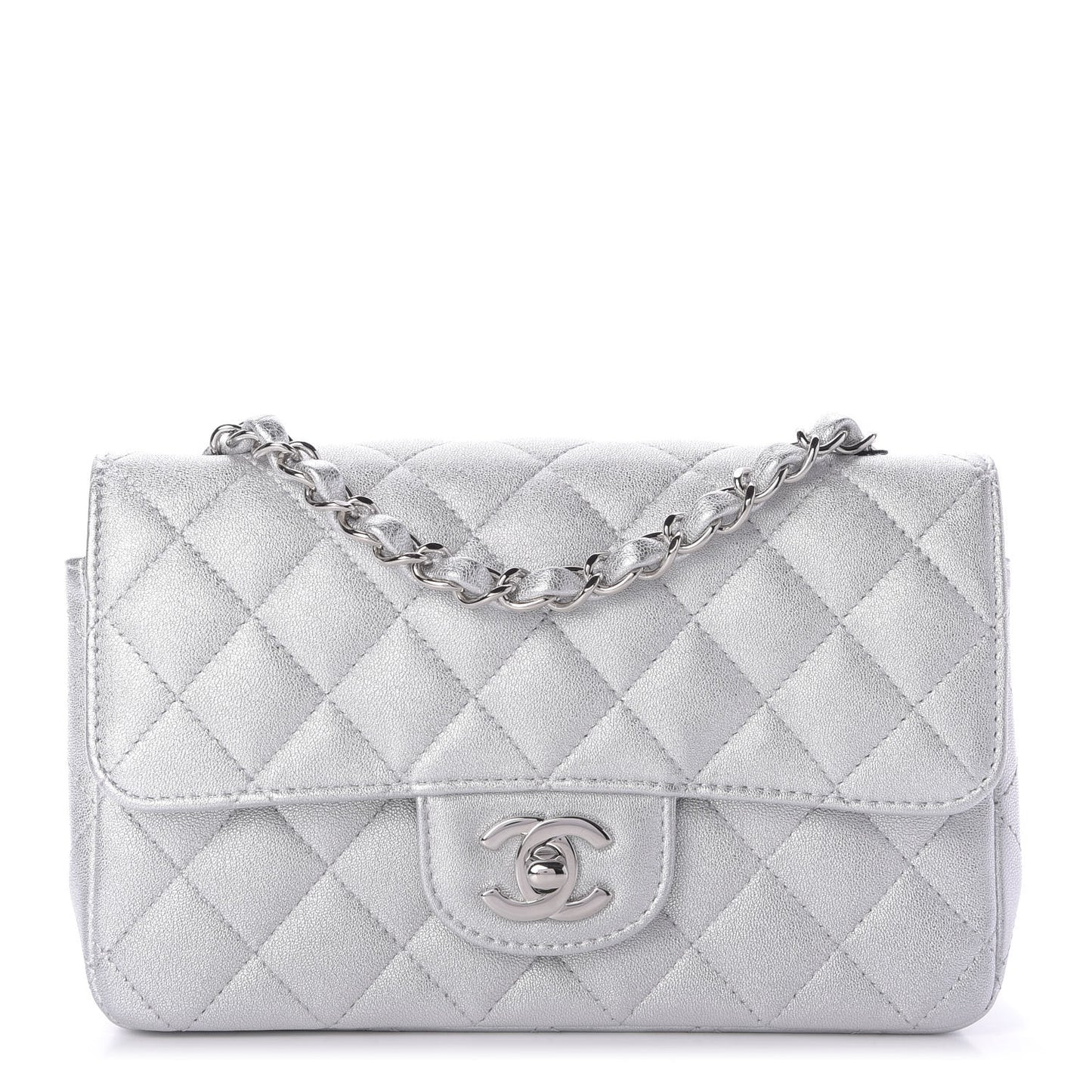 Metallic Lambskin Quilted Mini Rectangular Flap Silver