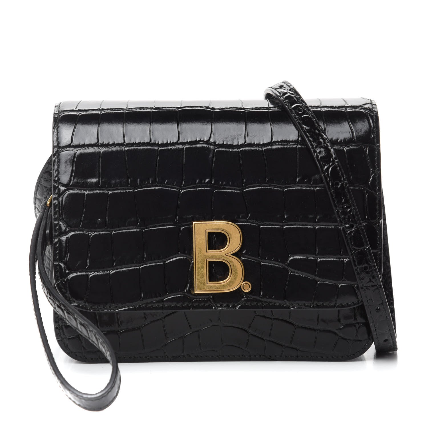 Balenciaga Shiny Calfskin Crocodile Embossed Small B Bag Black 1 of 10
