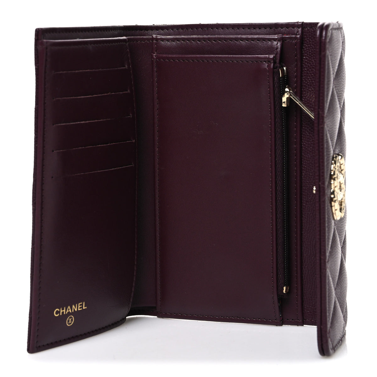 Caviar Quilted Chain Embossed CC Medium Flap Wallet Dark Burgundy