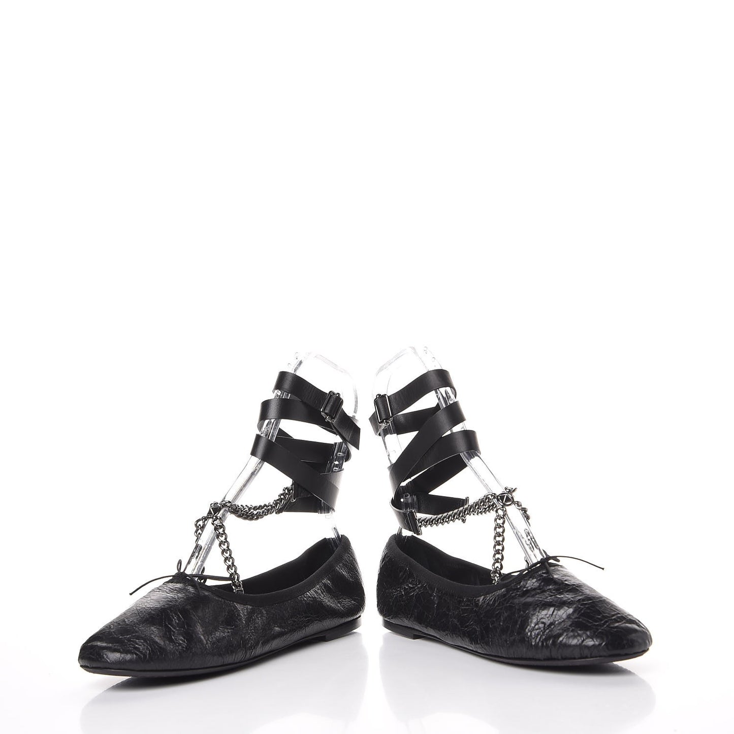 Crackled Calfskin Rockstud Chain Ankle Ballerina Flats 39 Black