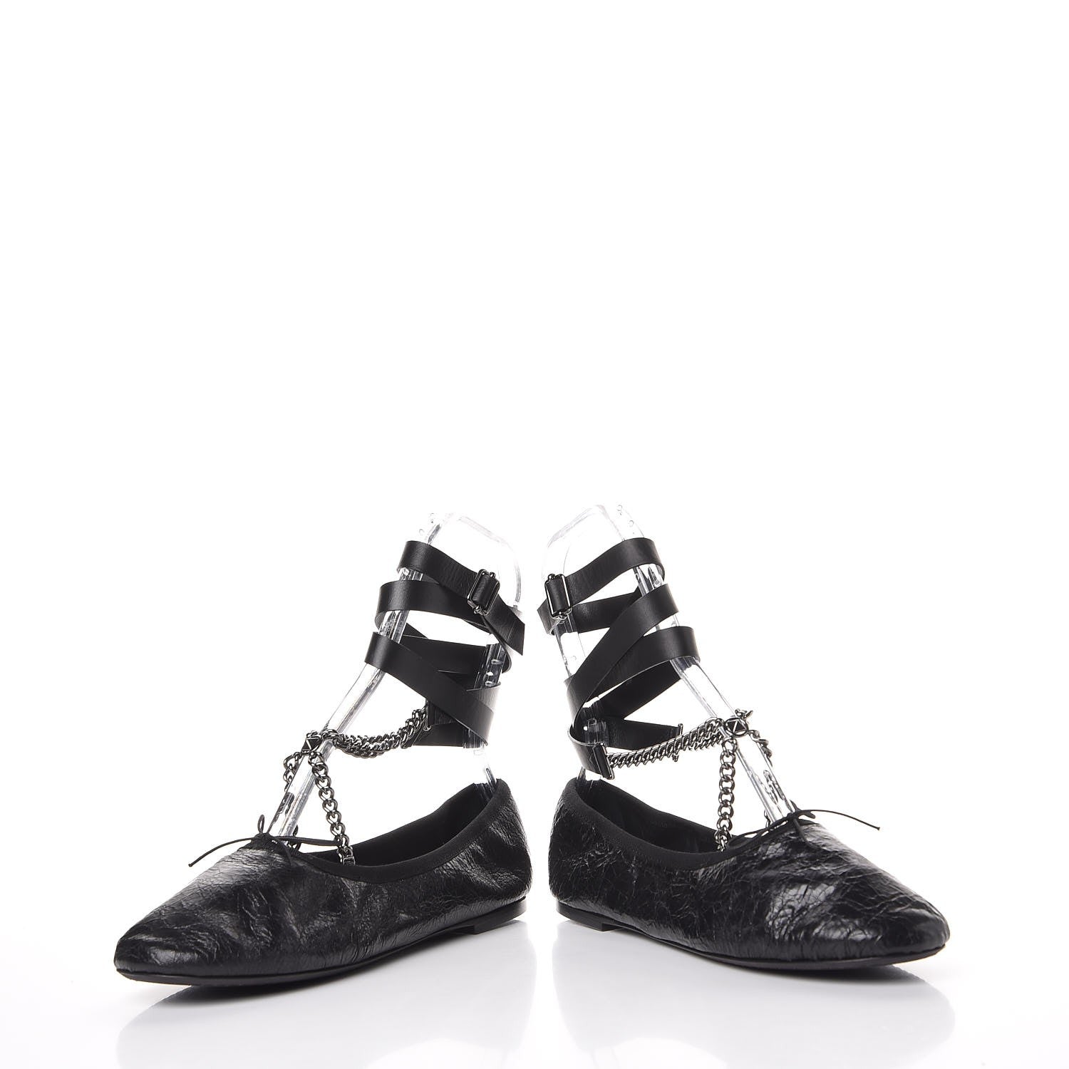 Valentino Garavani Crackled Calfskin Rockstud Chain Ankle Ballerina Flats 39 Black 6 of 14