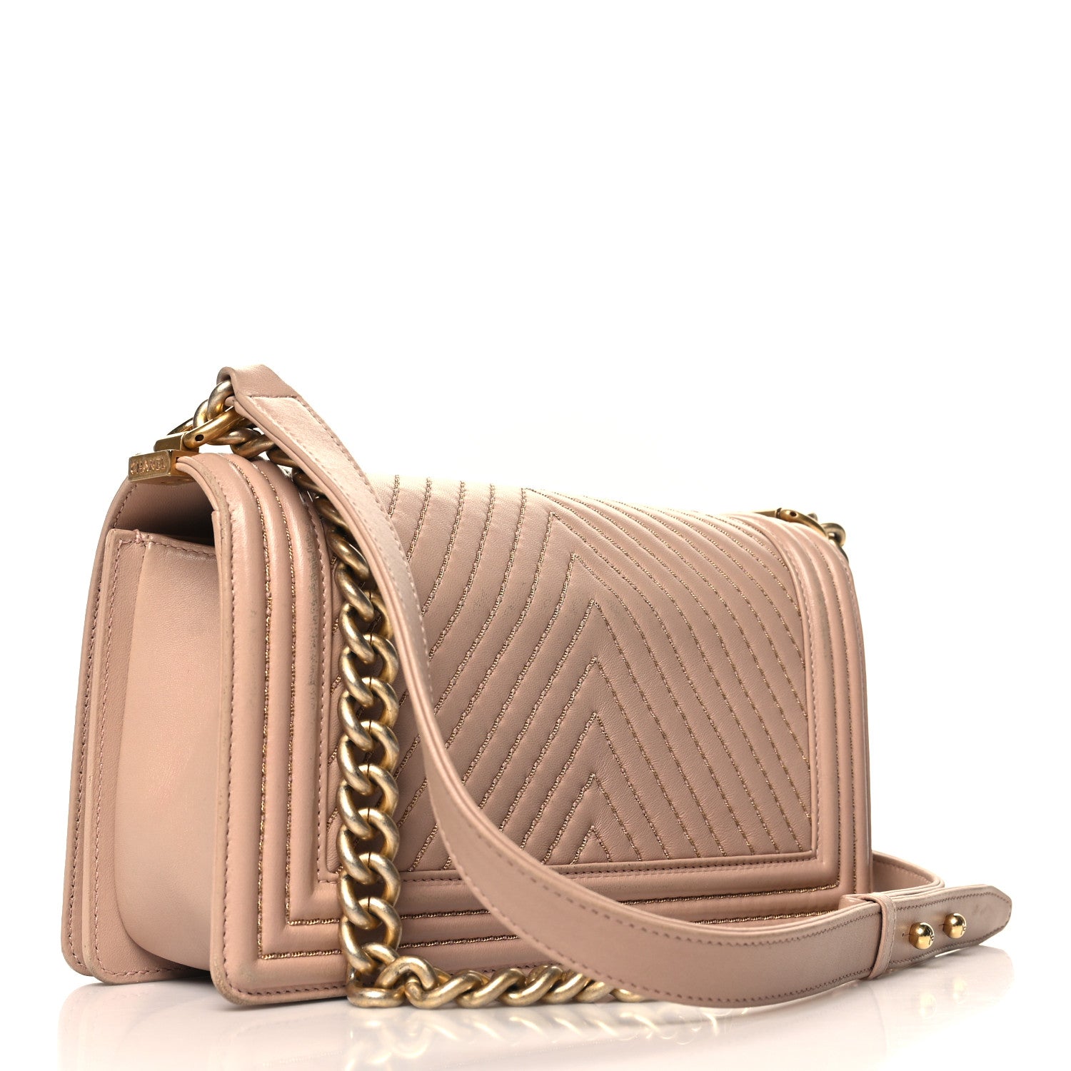 Chanel Lambskin Chevron Chain Stitched Medium Boy Flap Beige 3 of 16