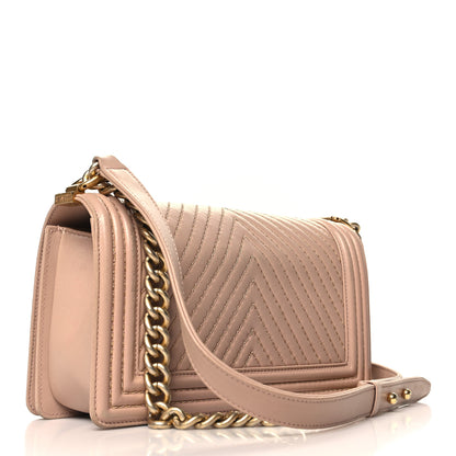 Chanel Lambskin Chevron Chain Stitched Medium Boy Flap Beige 3 of 16