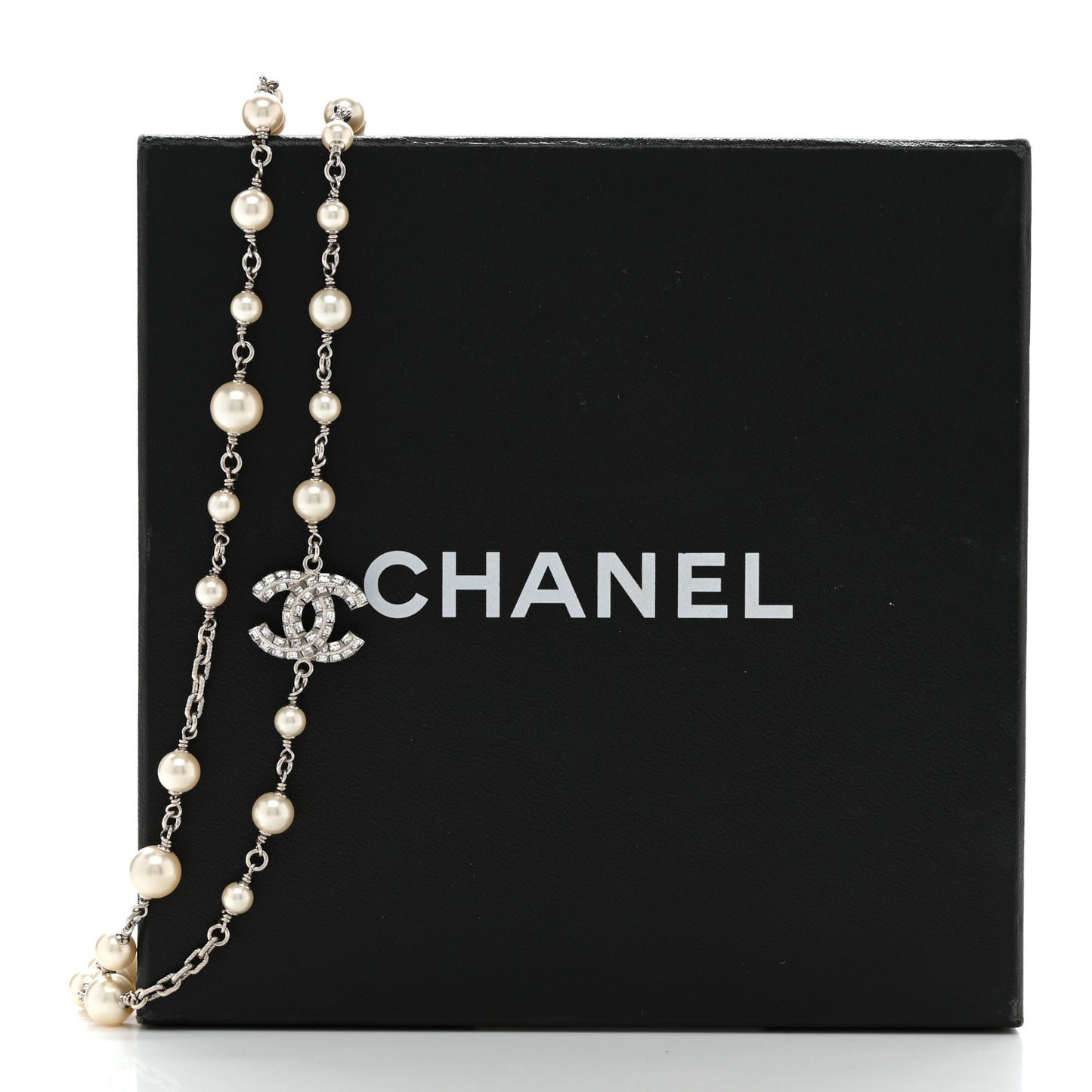 Pearl Baguette Crystal CC Long Necklace Silver
