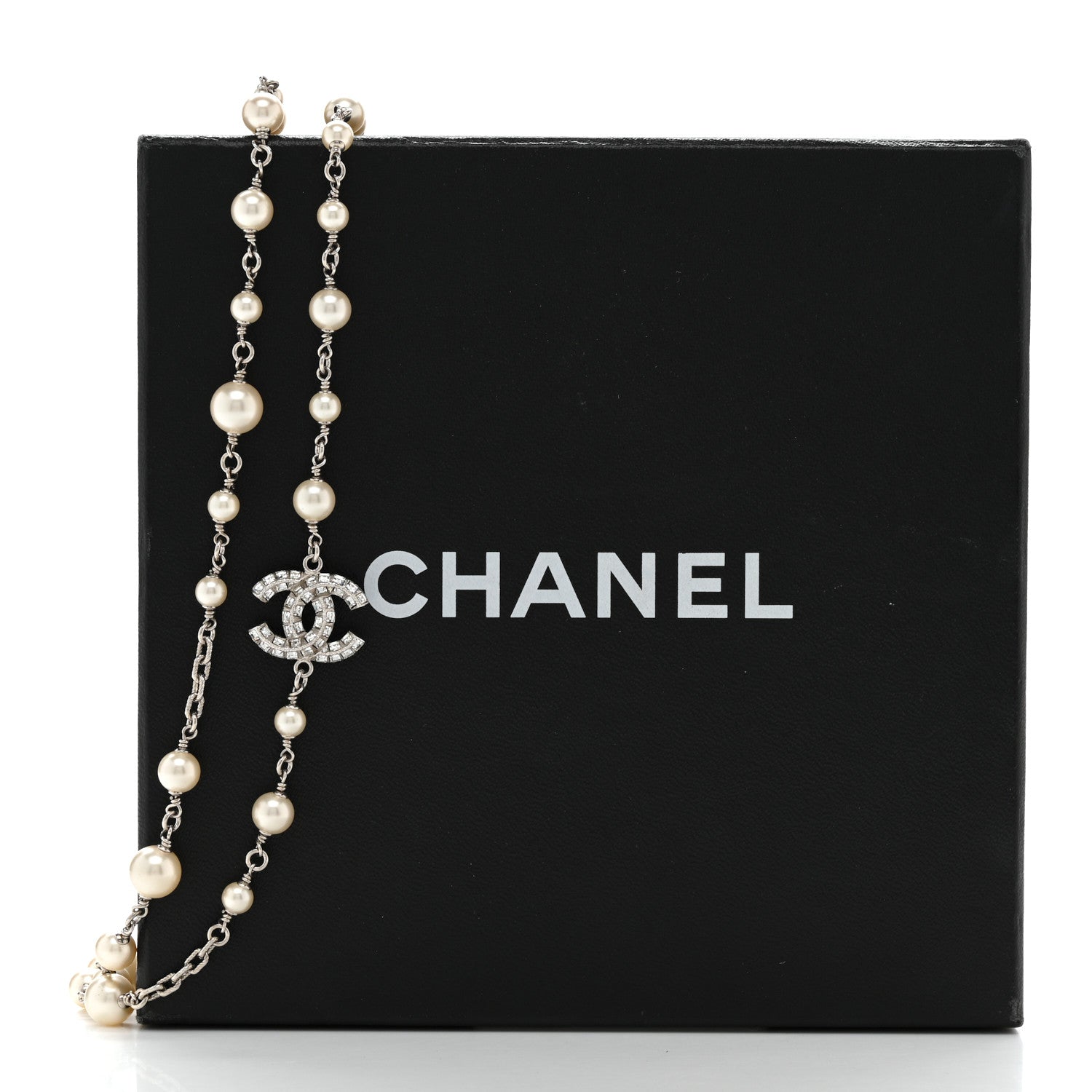 Chanel Pearl Baguette Crystal CC Long Necklace Silver 6 of 6