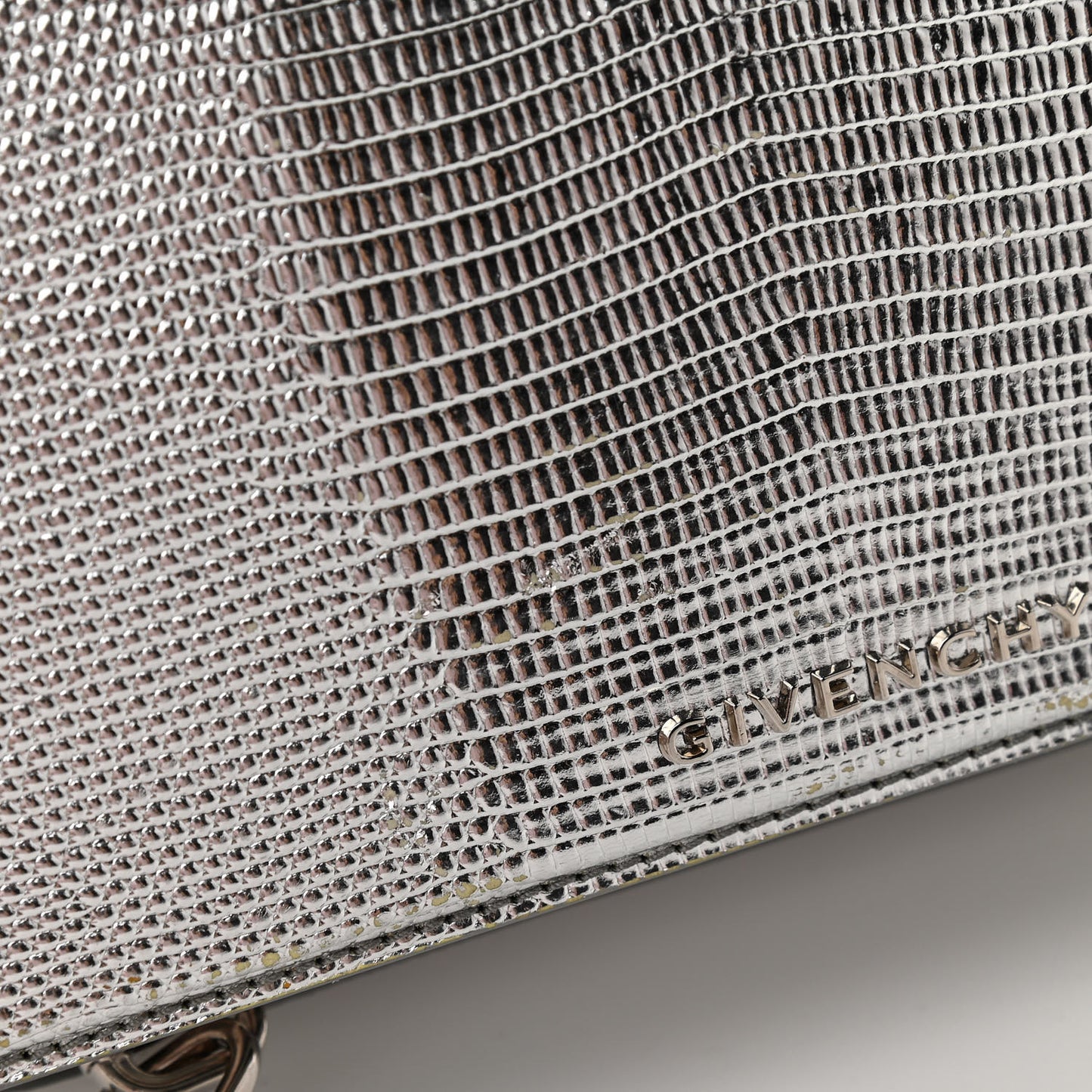 Metallic Calfskin Lizard Embossed Mini Pandora Box Crossbody Bag Silver