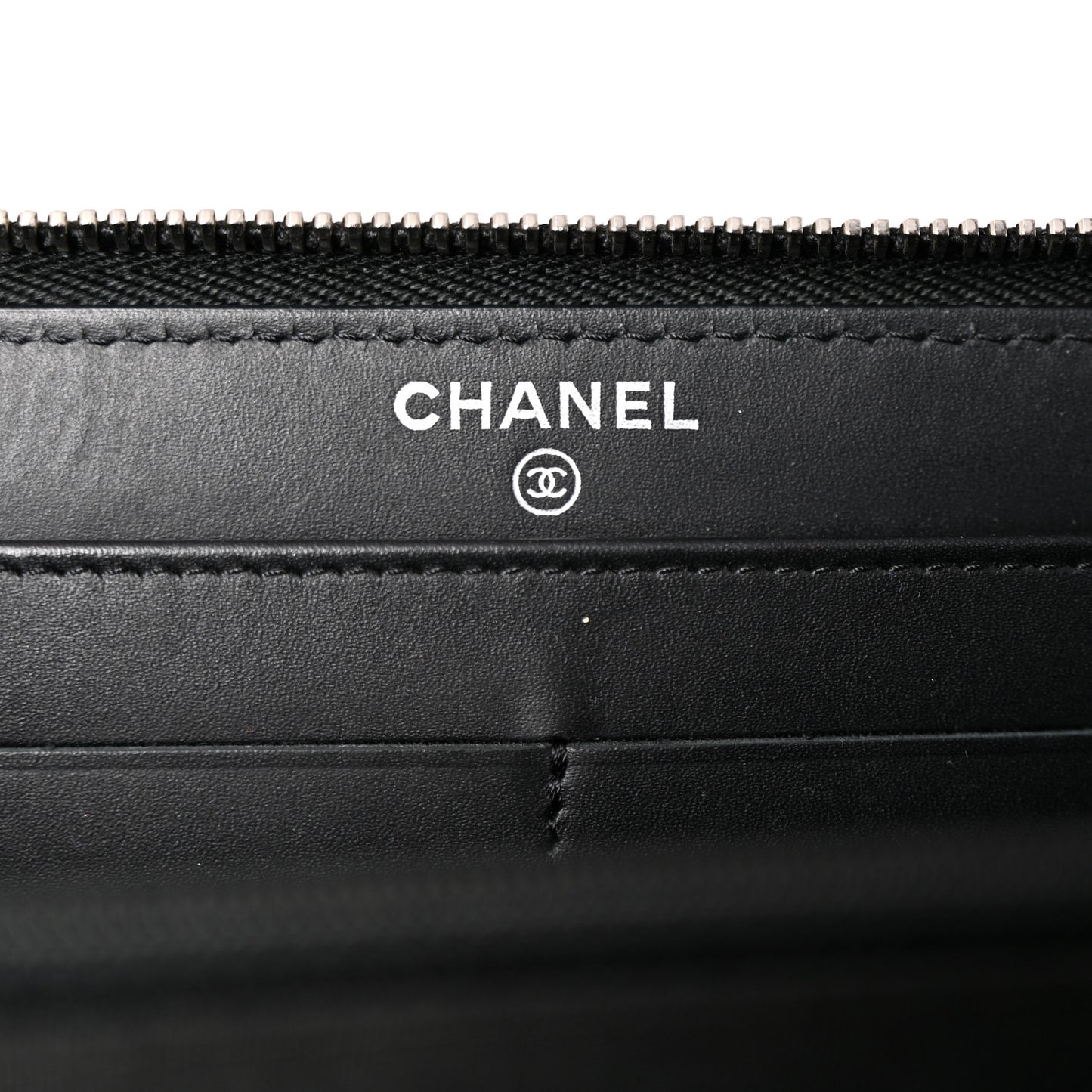Patent Chevron Quilted CC Zip Around Wallet Black