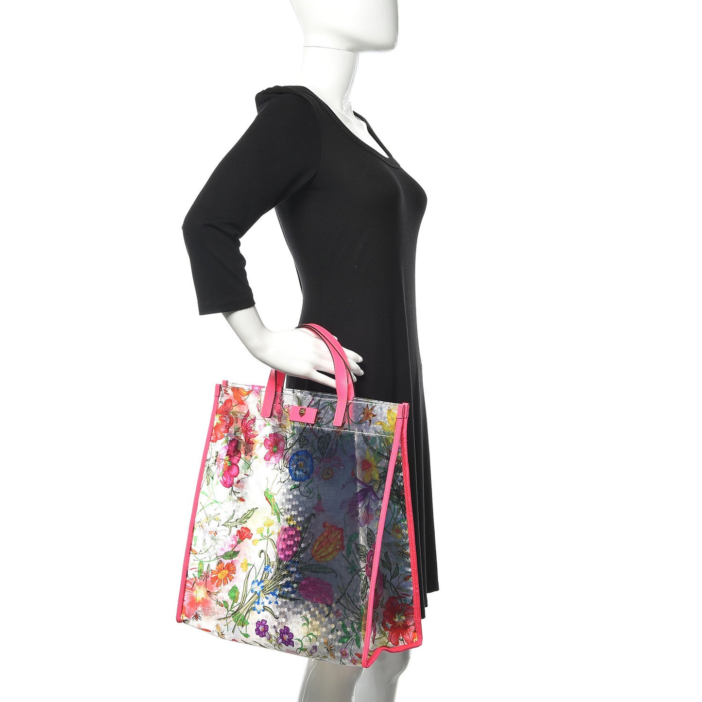 Calfskin Textured Vinyl Print Flora Tote Fluorescent Fuchsia