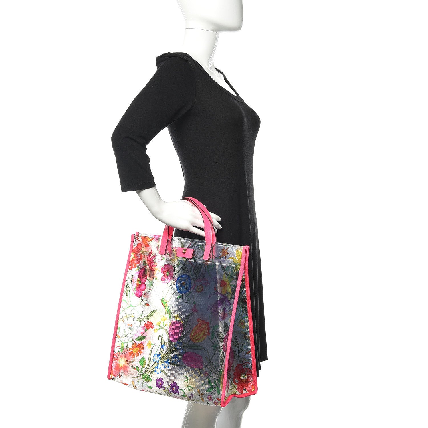 Gucci Calfskin Textured Vinyl Print Flora Tote Fluorescent Fuchsia 2 of 10